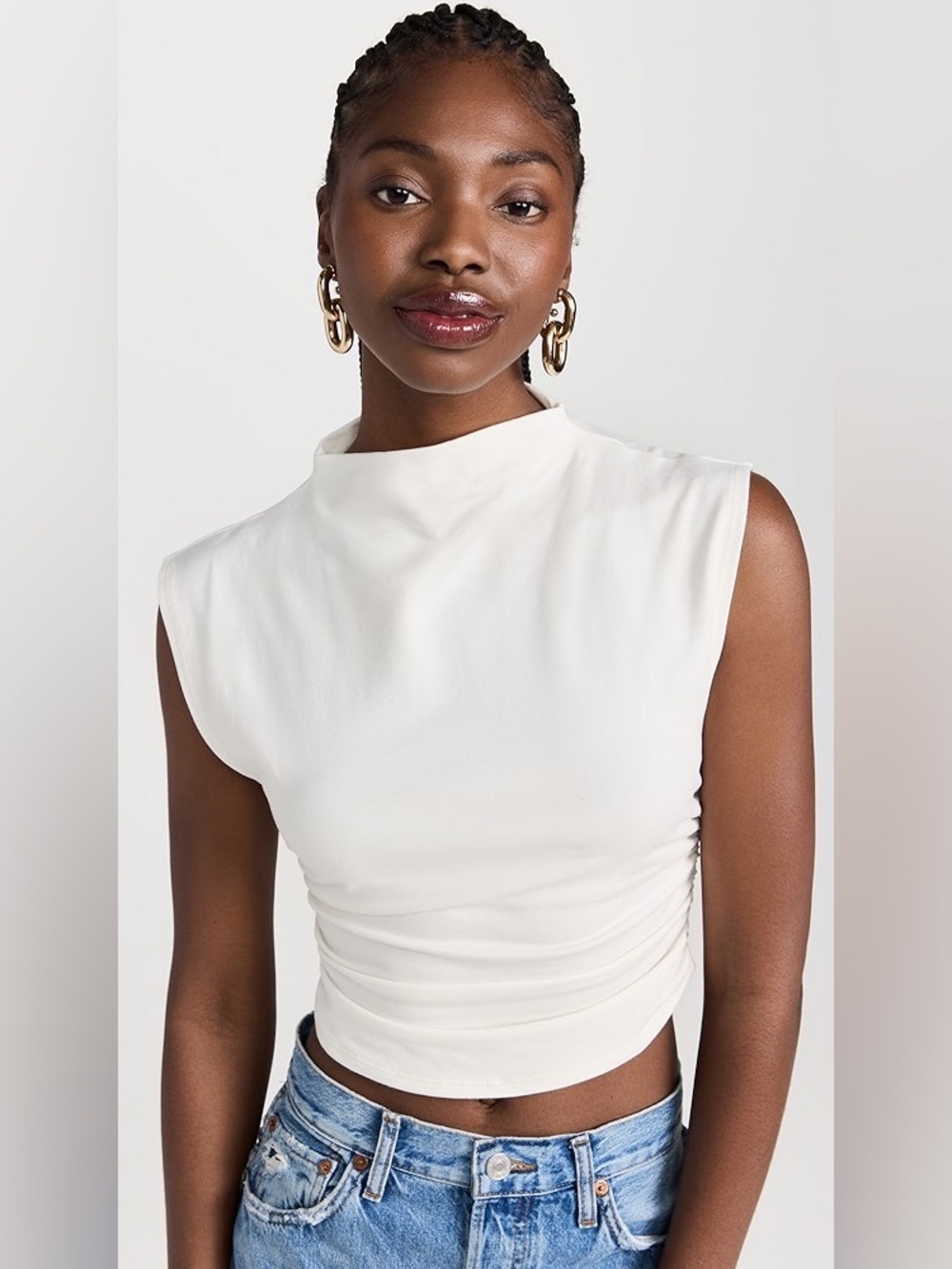 Reformation Lindy Knit White Mock Neck Ruched Tank Top in Size Extra Small